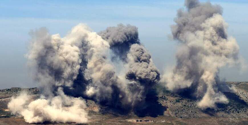 This pictures taken from the southern Lebanese area of Marjeyoun shows smoke billowing from the site of Israeli airstrikes on the hills of the southern Lebanese village of Nabatiyeh on May 8, 2025 (AFP photo)